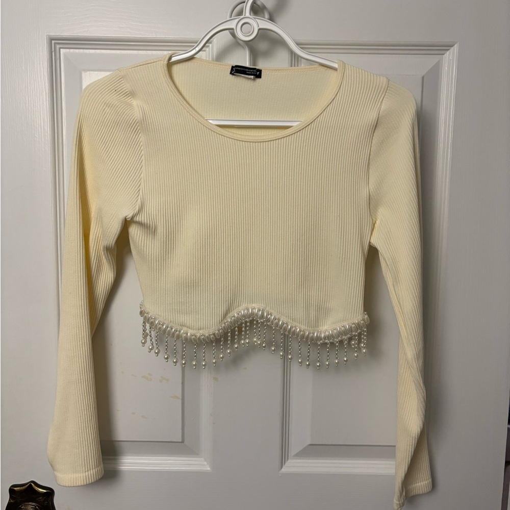 Zara Cream Crop Top with Pearl Fringe